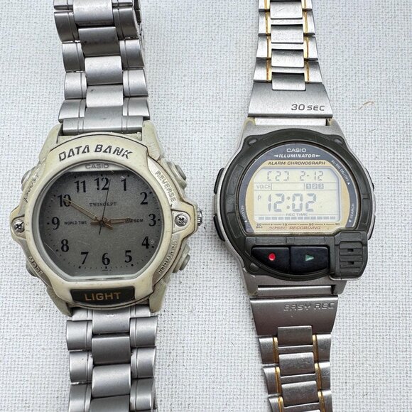 Lot of 2 Vintage Casio Digital Watches - Voice Memo A-V3 Casio ABX-24 Data Bank - Picture 1 of 10